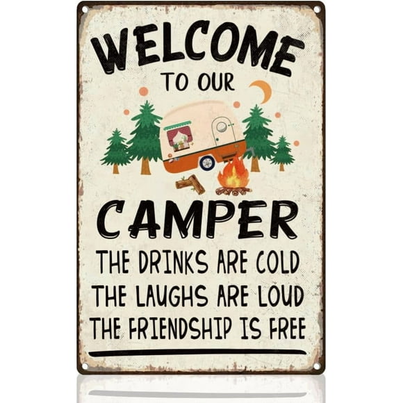 Camper Welcome Sign Decor Retro RV Wall Decor Metal Tin Sign 8" x 12" Funny Campsite Rules Vintage Wall Art Poster for Inside Outside and RV Decor Gift