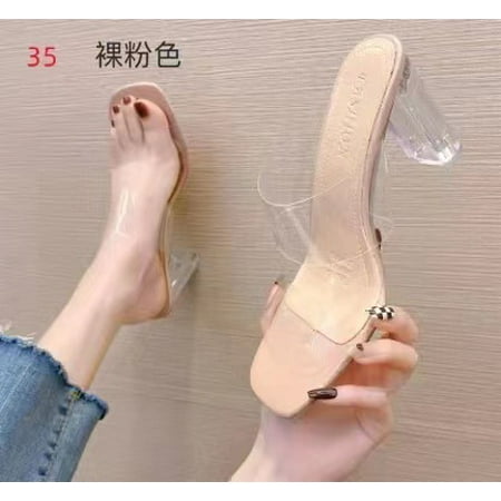 

High-heeled sandals and slippers women‘s Summer new fashion temperament Korean sexy transparent thick one-word outdoor sandals and slippers