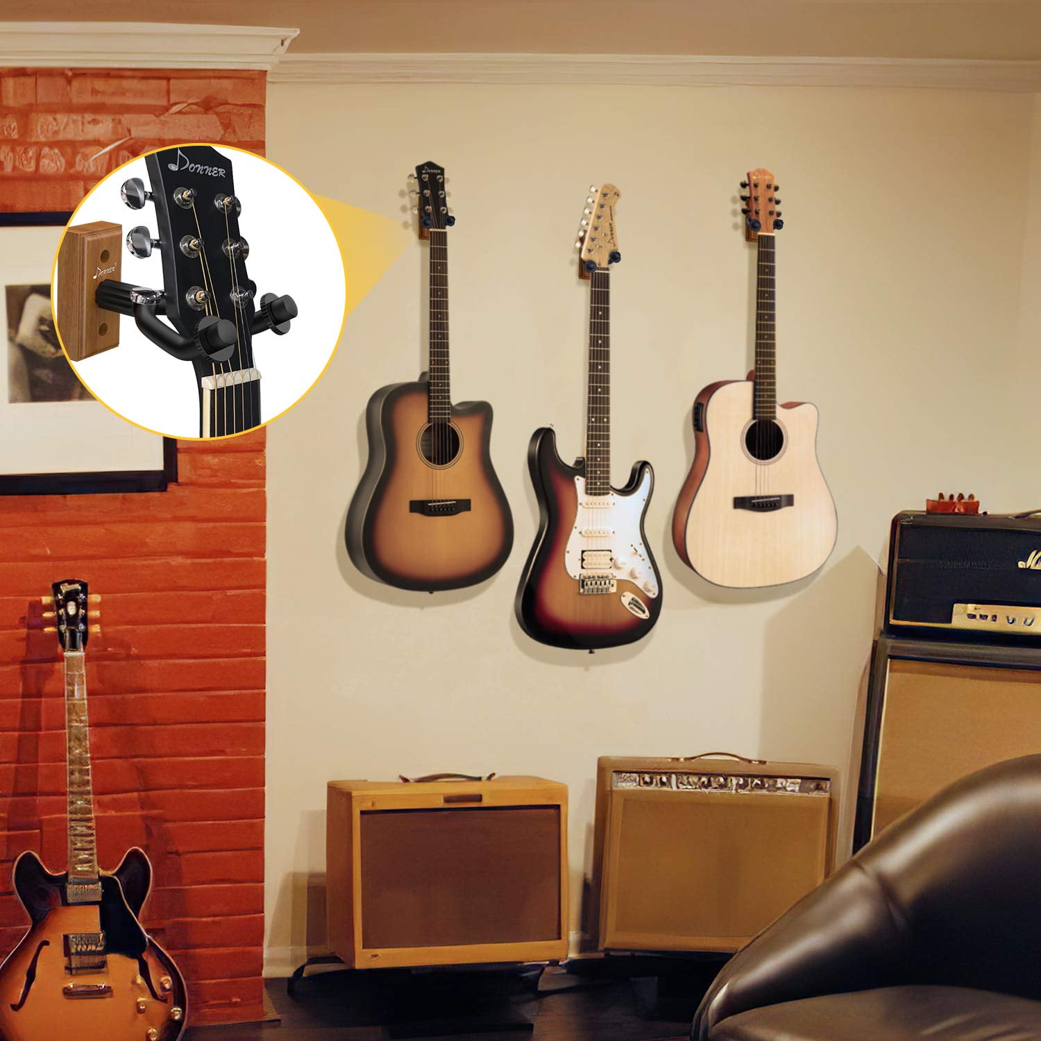 Donner Guitar Wall Mount Hanger 3-Pack, Black Walnut Guitar Wall