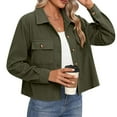 thumbnail image 3 of Windbreaker Jacket Women New Womens Fashion Cropped Corduroy Jackets Lightweight Button up Long Sleeve Coat Casual Fall Winter Outfits Green M, 3 of 7