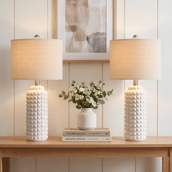 Oneach Modern Ceramic Table Lamp Set of 2 for Living Room Bedroom 24.5" Contemporary White Nightstands Bedside Lamps
