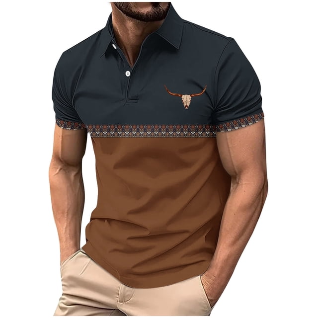 Mens Manga Corta Botón Abajo Camisas con Bolsillo de Impresión Solapa Cuello Gira Blusa de Suéter