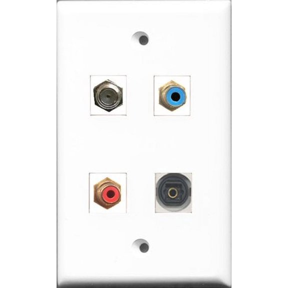RiteAV 1 Port RCA Red and 1 Port RCA Blue and 1 Port Coax Cable TV- F-Type and 1 Port Toslink Wall Plate