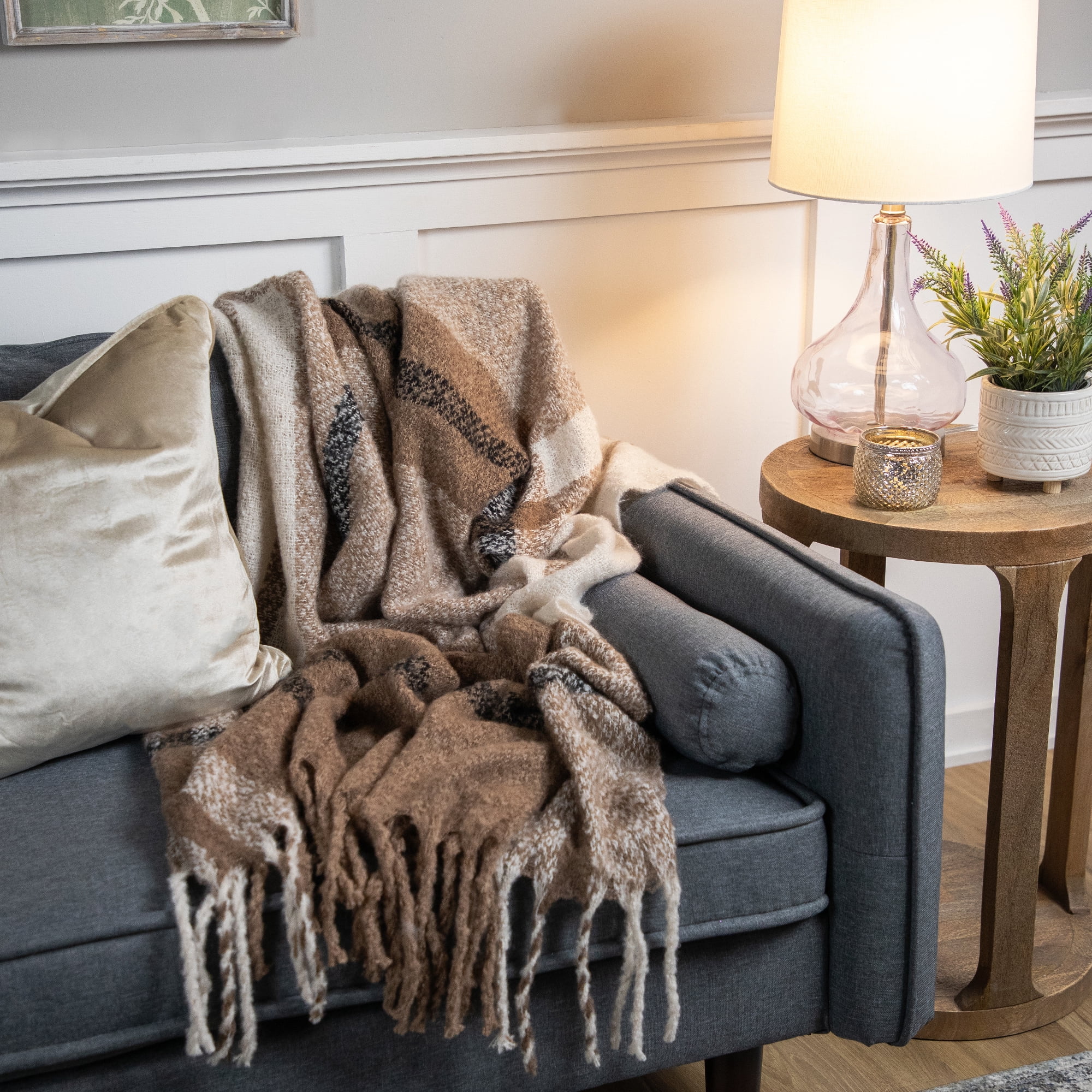 Taupe Plaid Woven Throw Blanket with Fringe 50" x 60"