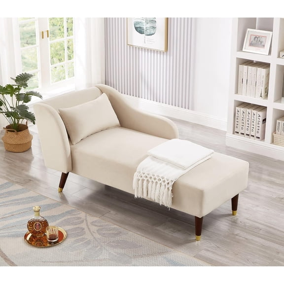 Velvet Chaise Lounge Chair Indoor - Beige Upholstered Fainting Couch with Solid Wood Legs, Modern Divan Sofa for Living Room, Bedroom