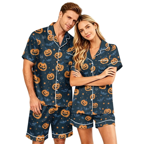 JULMCOMO Halloween Pajama Sets for Couples Pumpkin Bat Print Button Down Party Lounge Sets Funny Print Elastic Waist Soft Shorts Pajamas Yellow-Men XL