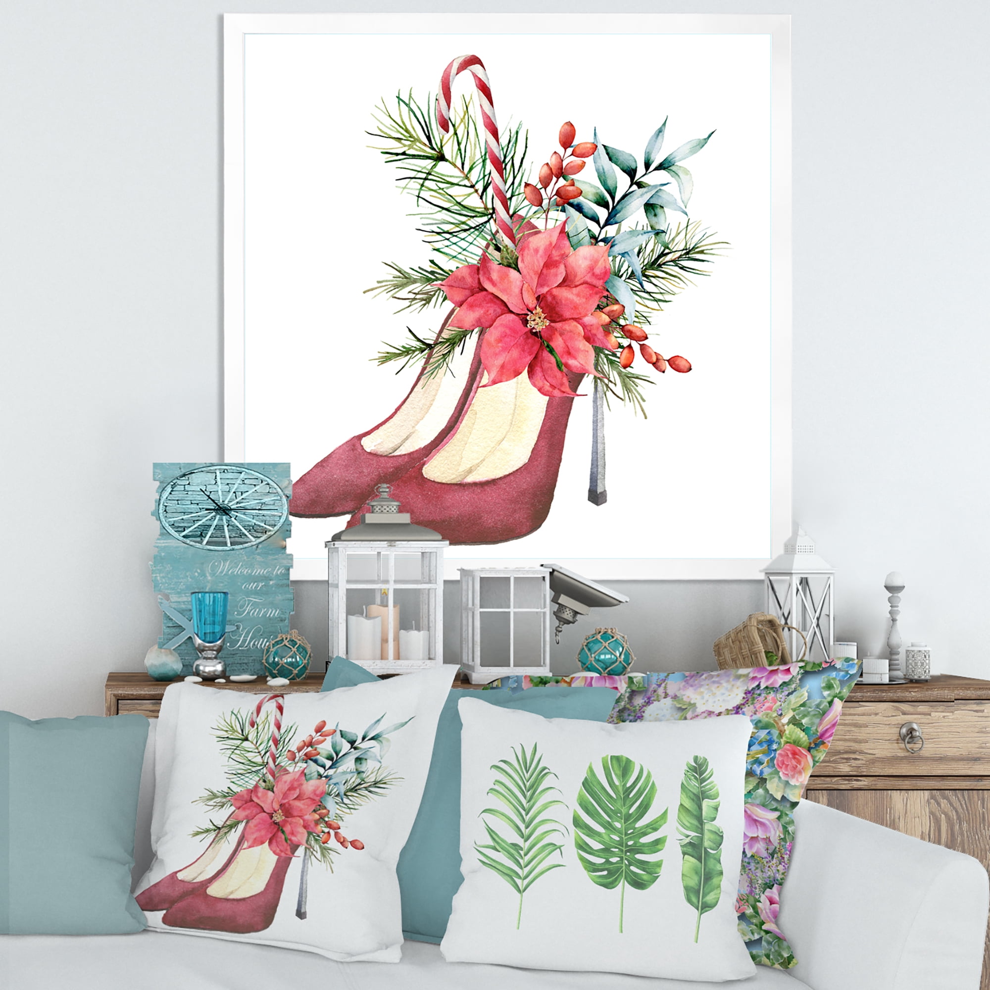 Designart 'Red Suede Heeled Shoes With Christmas Red Floral Decor' Traditional Framed Art Print
