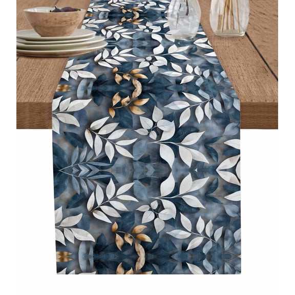 Hokiten Table Runners 36 Inches Long Dress Scarves, Blue White Leaves Farmhouse Kitchen/Dining Table Runner, Short Coffee Tablerunners, Vintage Ethnic Boho Botanical Branch 13x36 Inch