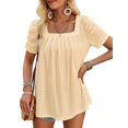 thumbnail image 2 of Women'S Hollow Pleated Short Sleeves Square Neck Casual Loose Solid Color Knit T Shirts Tops Blouses Yellow S, 2 of 9