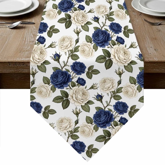 Navy Blue White Floral Table Runner Linen Burlap Table Runner 70 Inches Long Farmhouse Flowers Botanical Leaf Dresser Scarves for Kitchen Island Coffee Dining Room Party Wedding Holiday Decor 13"x70"