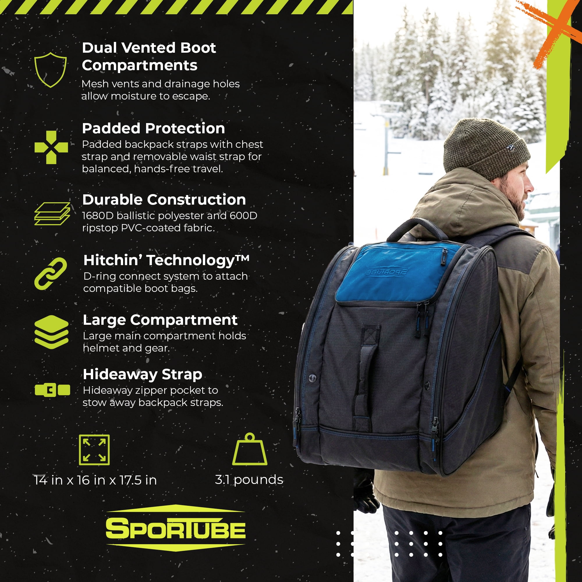 Sportube Freerider Padded Gear and Boot Bag with Extra-Large Central Compartment, Azure