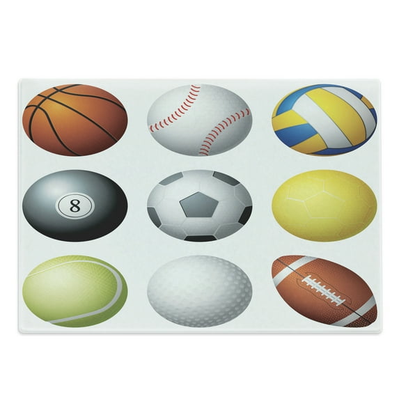 Sports Cutting Board, Diversified Sport Balls Objects in Diamond or Circle Shape Recreational Illustration, Decorative Tempered Glass Cutting and Serving Board, Large Size, Multicolor, by Ambesonne