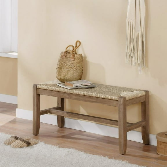 Alaterre Furniture Newport Wooden Entryway Bench - 40" Indoor Bedroom Bench with Natural Seagrass Rush Seat - Rustic Wood Accent for Living Room, Hallway, or End of Bed