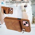 thumbnail image 6 of for iPhone 14 PU Leather Back + TPU Frame Rugged Case, Classic 360 Rotating Ring Kickstand Card Slots Shoulder Strap Drop Protective Slim Fit Shockproof Phone Case Cover, Brown, 6 of 12