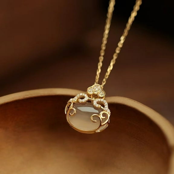 S925 Silver with Natural Jade White Cat's Eye Ruyi Lock Necklace Pendant (with chain) for Women Yoga Genuine