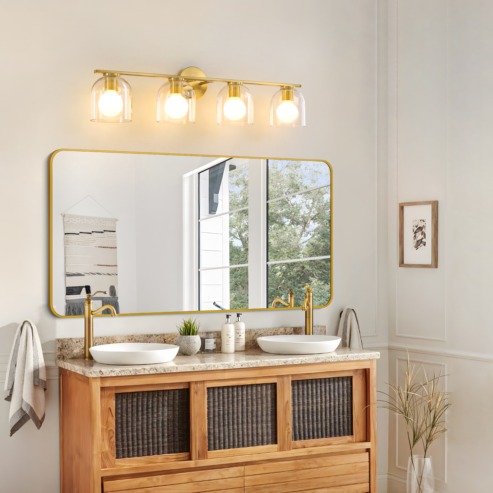 Modern Bathroom Light Fixtures, 4 Light Vanity Lights Over Mirror, Gold Wall Lamp with Clear Glass Shade for Living Room Cabinet Bedroom Porch