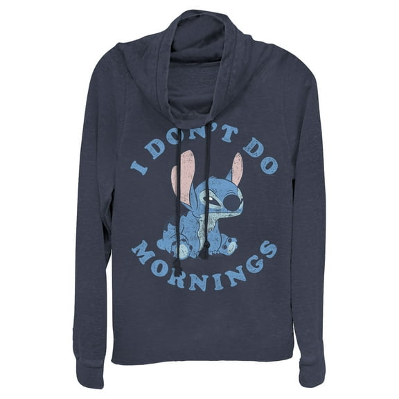 Junior's Lilo & Stitch I Don't Do Mornings Light Blue Cowl Neck Sweatshirt Navy Blue 2X Large