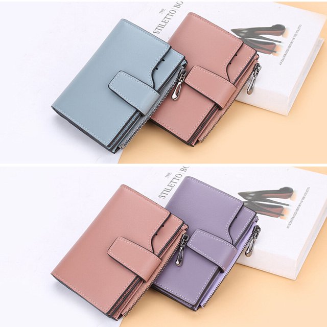 Fashion Women Wallets Solid Color PU Short Design Style Tri-fold Handbag Card Holder Zipper Hasp Purse Simple Style Handbag Coin Keys Bag Pink