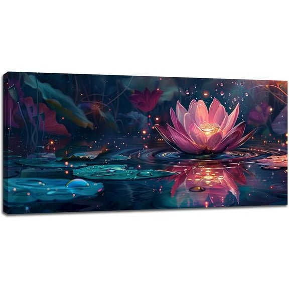 WFSposter-Pink Lotus Large Wall Art Night Floral Pictures Wall Decor Spiritual Flower Blossom Canvas Meditation Painting Modern Artwork Home Decoration for Living Room Bathroom Bedroom Office