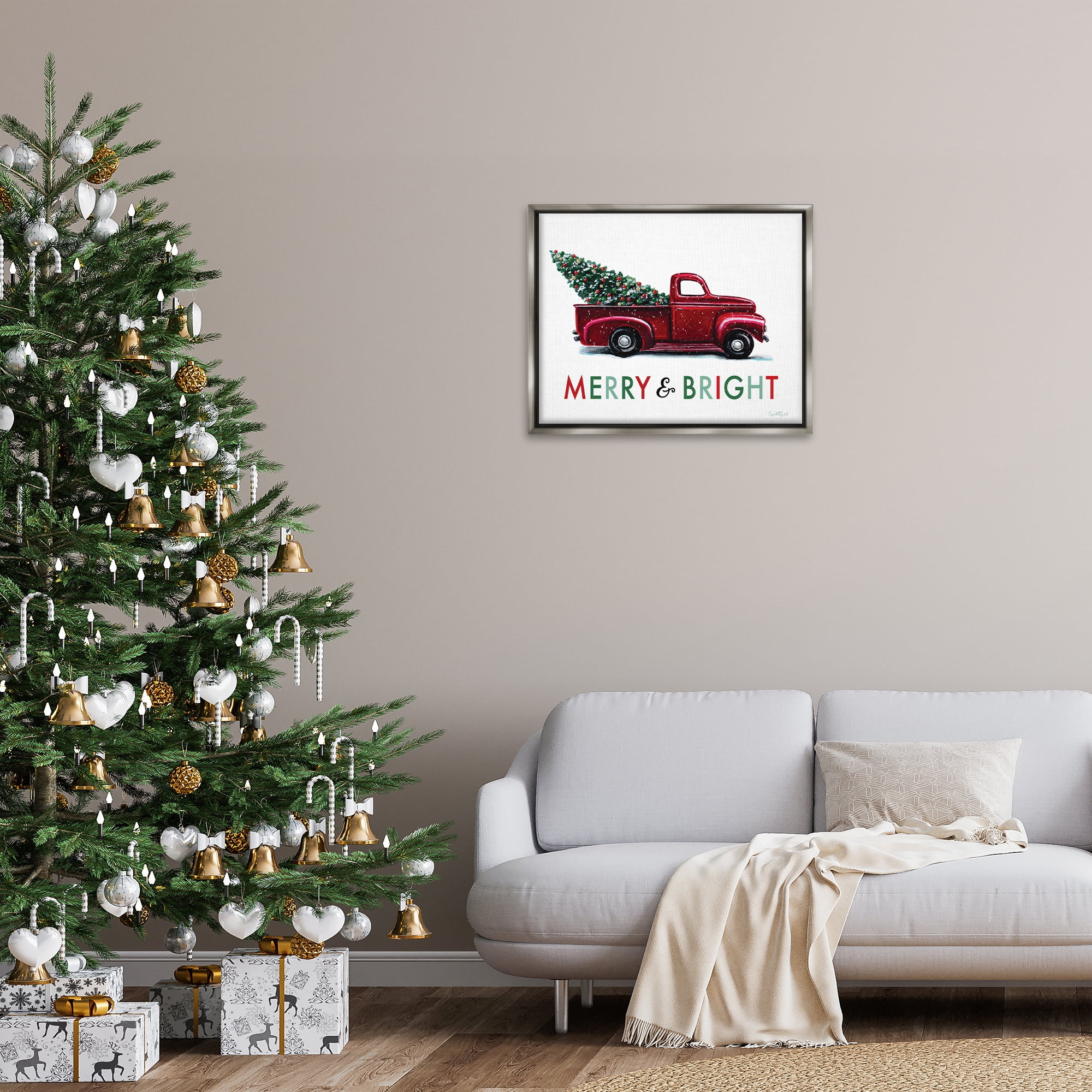 Stupell Industries Merry Bright Christmas Truck Holiday Painting Gray Floater Framed Canvas Art Prints Wall Art, 31 x 25