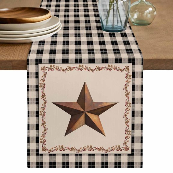 Table Runner 36 Inches Long for Kitchen Dining, Western Texas Star Retro Dresser Scarf Farmhouse, Dining Table Decorations for Wedding/Parties, Rustic Vintage Berry Black Beige Plaid 13 x 36 In