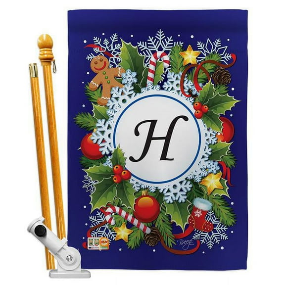 Breeze Decor BD-WT-HS-130086-IP-BO-D-US12-BD 28 x 40 in. Winter H Initial Wonderland Impressions Decorative Vertical Double Sided House Flag Set with Pole Bracket Hardware