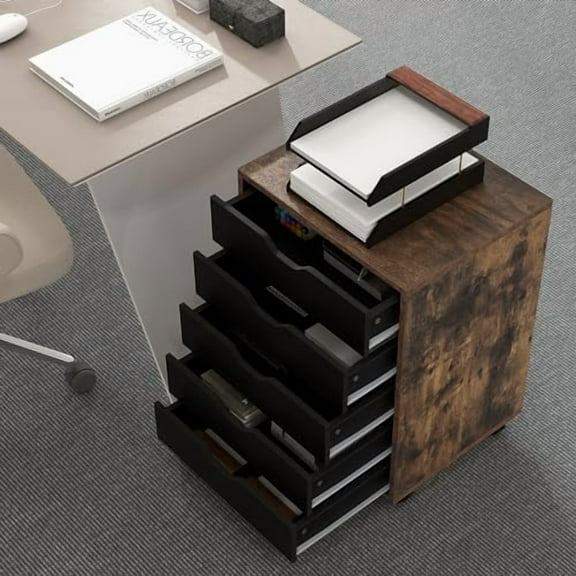 5 Drawers File Cabinet, Vertical Filing for Home Office, Mobile Under Desk Storage With Wheels, Modern Chest of Drawers for Bedroom (Rustic Brown)
