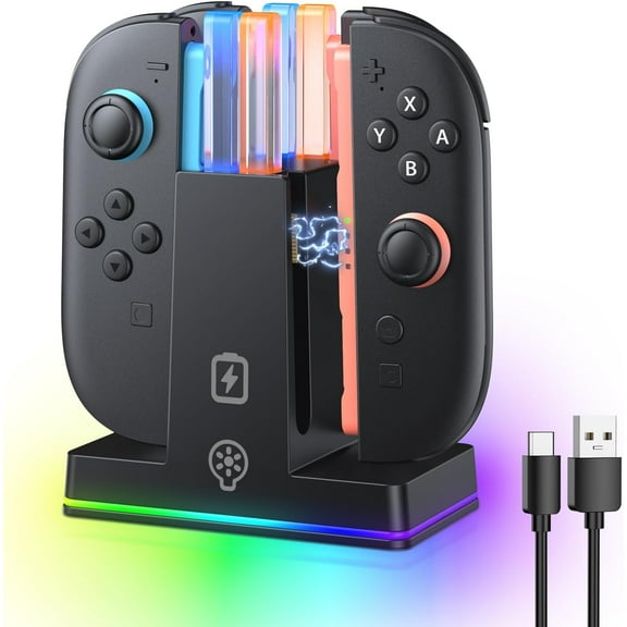 Charging Dock Compatible with Switch 2 for Joy Con 2025 with 9 Modes RGB Light and Led Indication, Magnetic Charging Dock to Charge 4 Joycons with Charger Cable