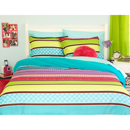 your zone reversible comforter cover & sham set, pop stripe/teal sachet