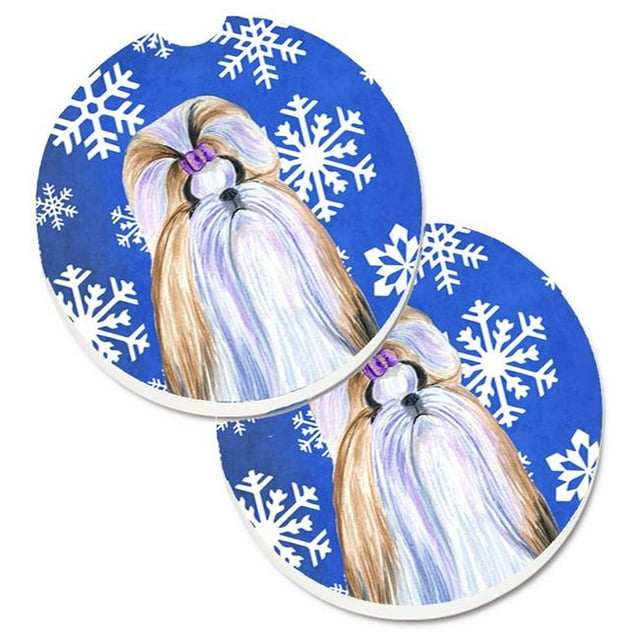Shih Tzu Winter Snowflakes Holiday Set of 2 Cup Holder Car Coaster