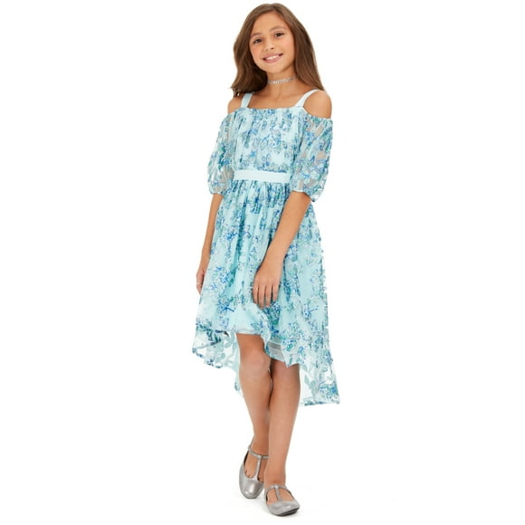 Sequin Hearts Big Girls Cold-Shoulder Metallic-Butterfly Dress, Turquoise, 14