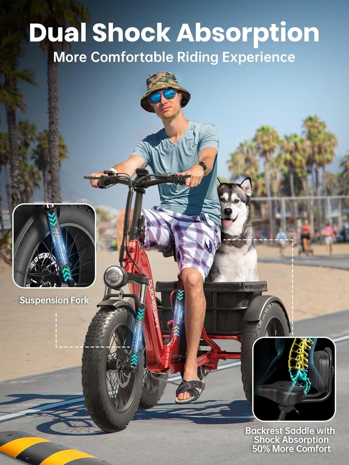 PUCKIPUPPY 20" Electric Tricycle for Adults 960W 60Miles Range 20mph Max Speed Fat Tire Electric Trike 48V 17.4AH Battery 3 Wheel Electric Bike 500lbs Load E-Mountain Bikes, Comply with UL2849 By SGS
