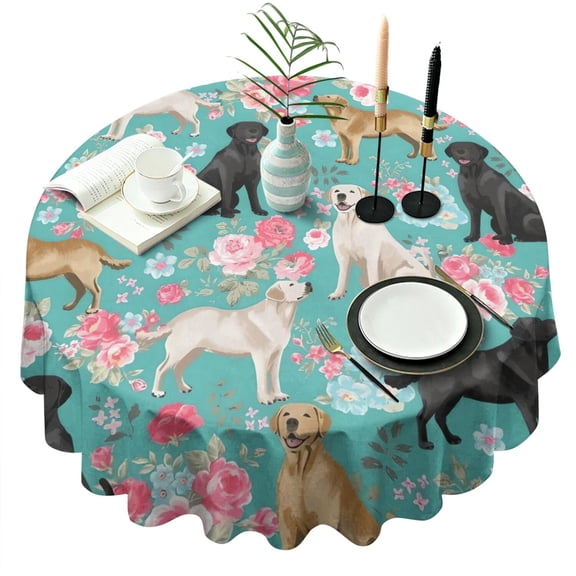 Labrador Dogs with Pioneer Flower Round Tablecloth 60"x60",Wrinkle Wipeable Table Cloth for Kitchen Dining Room Picnic Patio Party