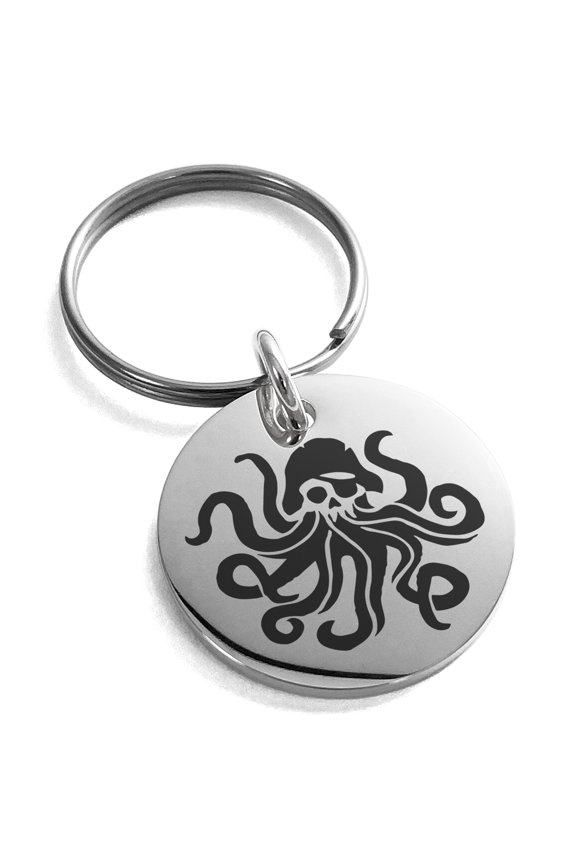 Stainless Steel Kraken Octopus Pirate Skull Engraved Small Medallion Circle Charm Keychain Keyring