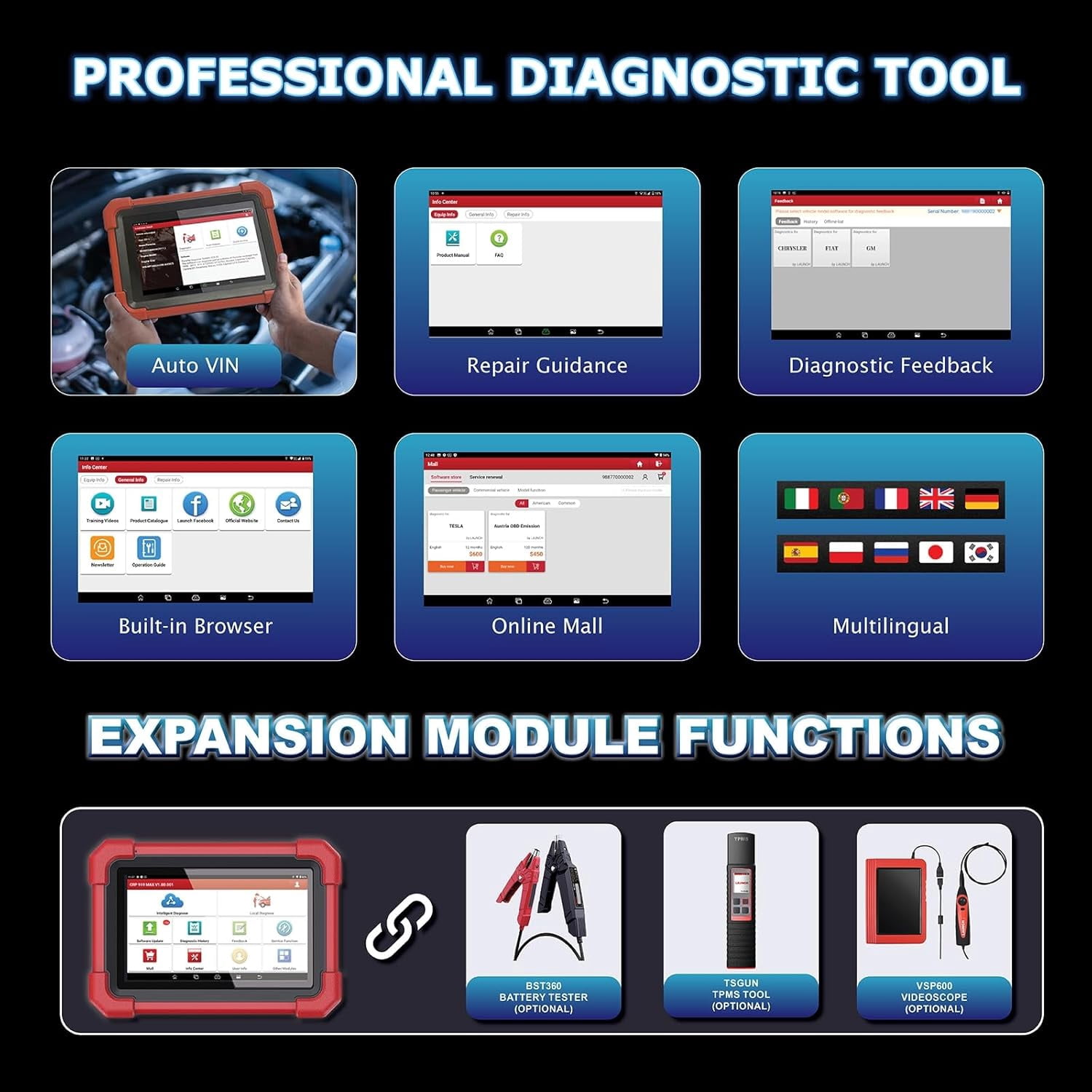 LAUNCH X431 CRP919MAX Wireless OBD2 Scanner Diagnostic Tool – Bidirectional Control, ECU Coding, 31+ Service Functions, All System Scan Tool, Android 10, 7" Tablet