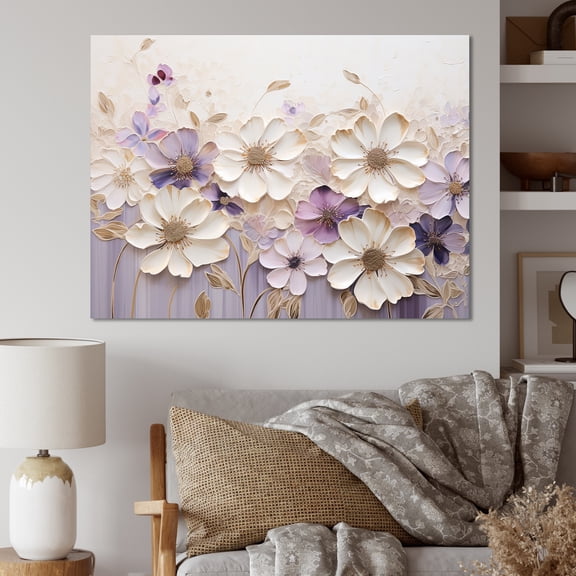 Designart "Beige-Purple Decorative Violets I" Violets Canvas Wall Art