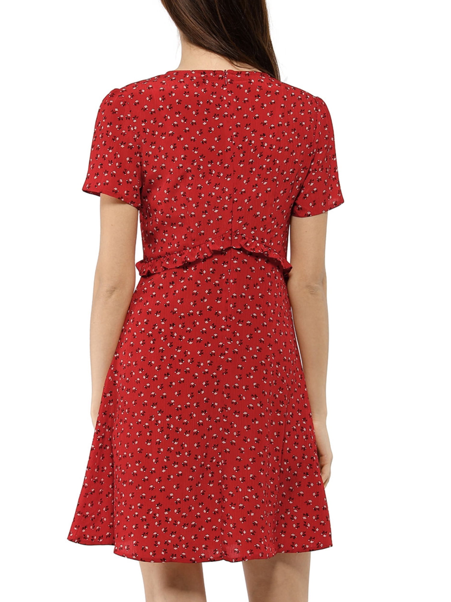 DARING DIVA Floral Bow Tie V Neck Short Sleeve Ruffle Dress M Red
