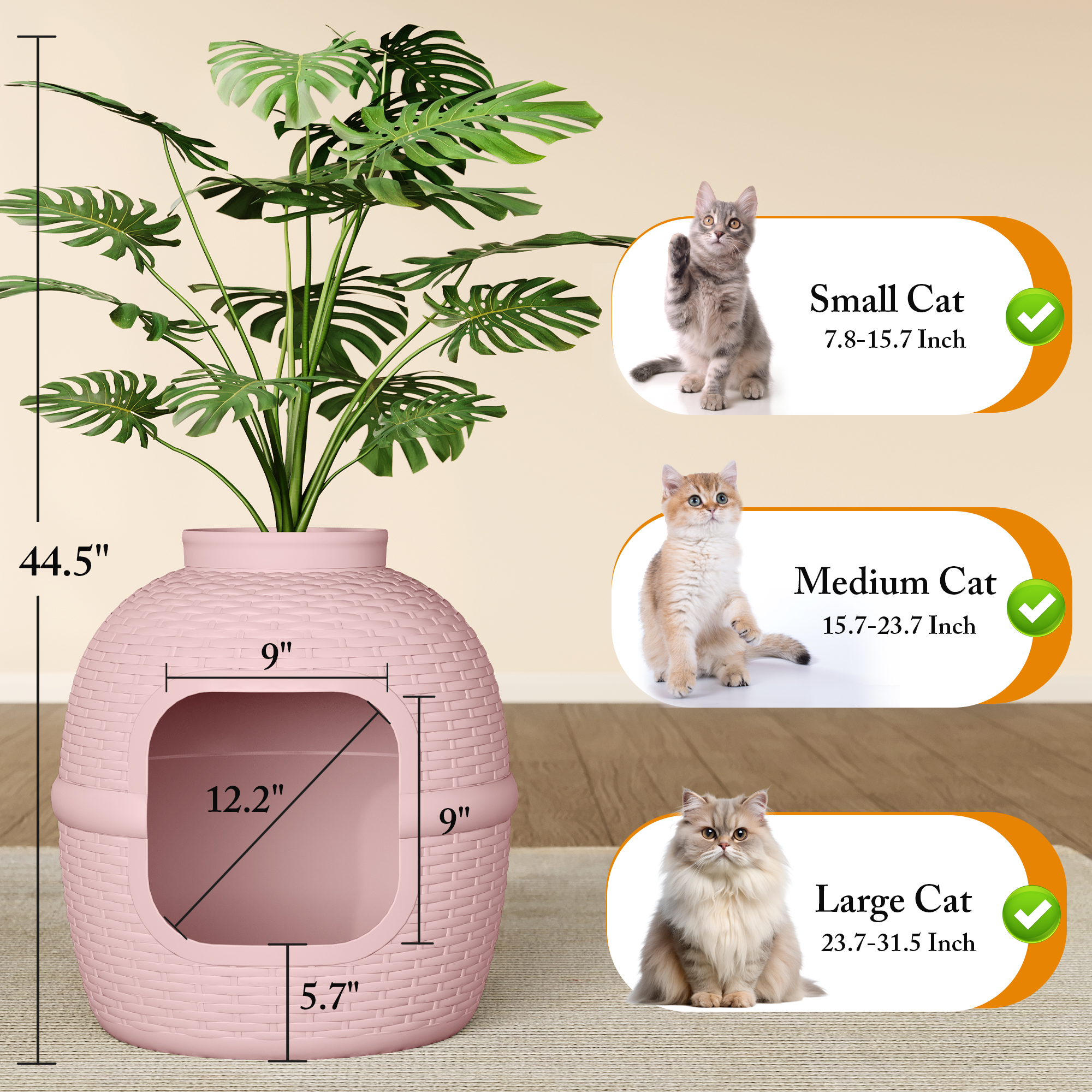 Superjoe Hidden Litter Box with Faux Plant, Large Cat Litter Box with Rattan Pattern, Heavy Duty PP Material Litter Box Enclosure Furniture for Home Decor,Pink
