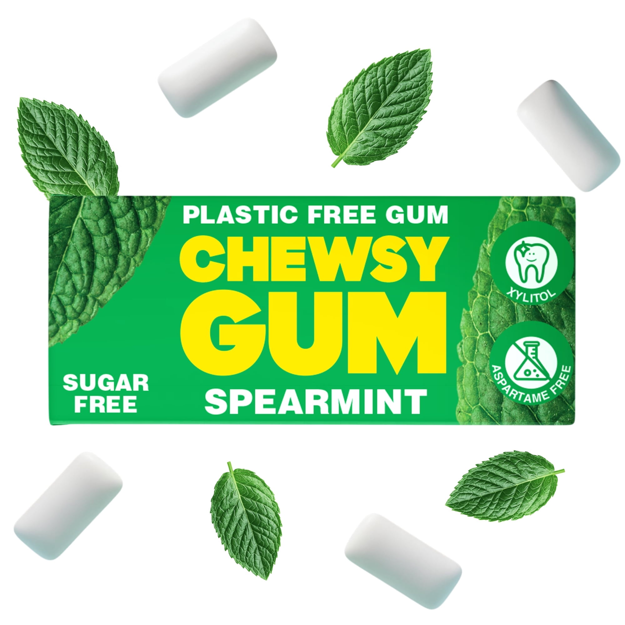 Chewsy Spearmint Plastic Free Gum | Plant Based | Sugar Free | Aspartame-Free | Xylitol | Tooth Friendly | Vegan | Biodegradable | Natural Chewing Gum 12 Packs