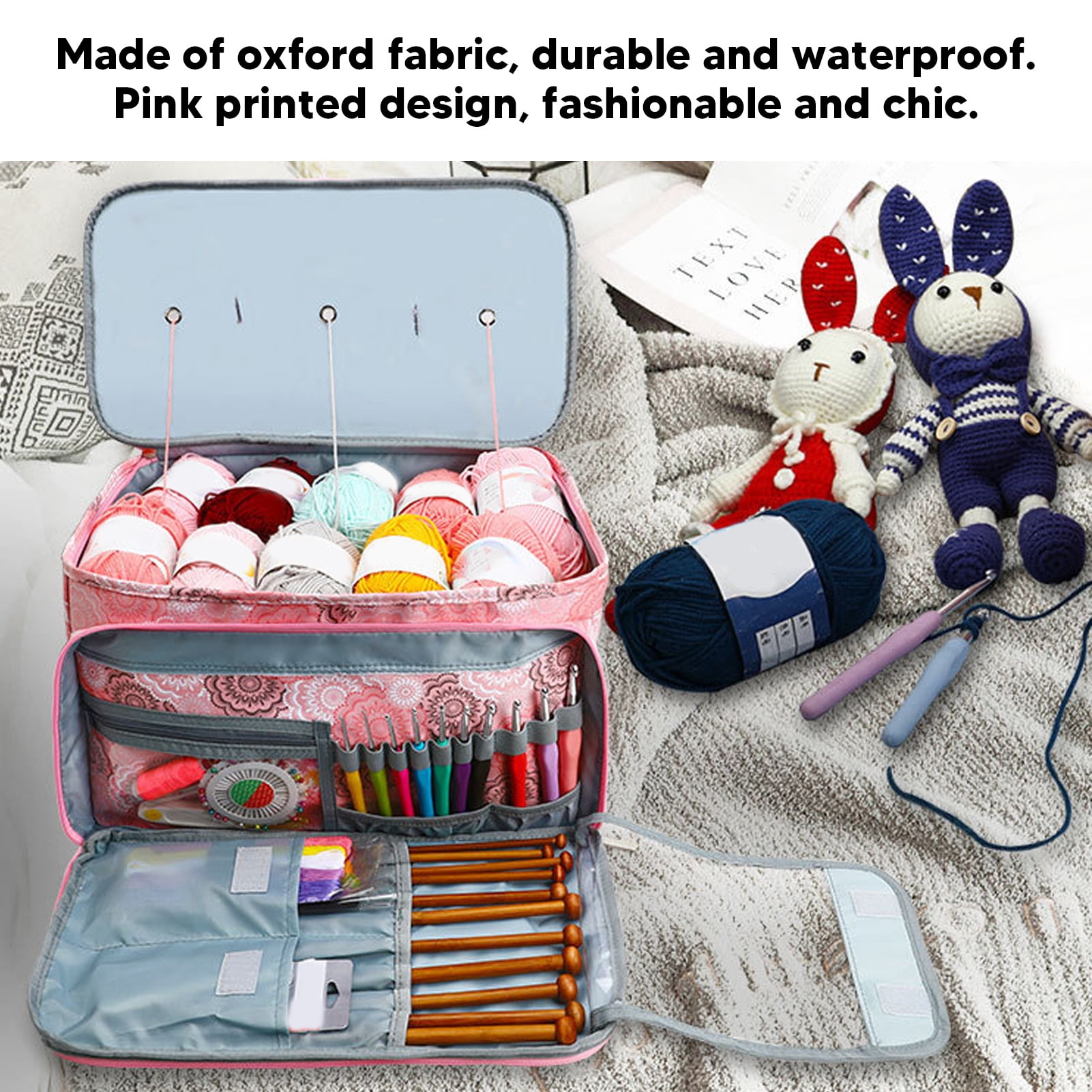 NFTIGB Pink Oxford Cloth Knitting Bag Multifunctional Portable Yarn Crochet Holder Storage Case Organizer for Needles & Sewing Supplies