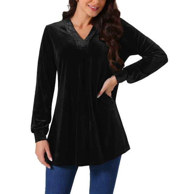 BLUSA DE VELVET PARA MUJER INSPIRE CHIC CON CUELLO EN V Y MANGAS LARGAS, AJUSTE HOLGADO, T-SHIRT XL NEGRO
