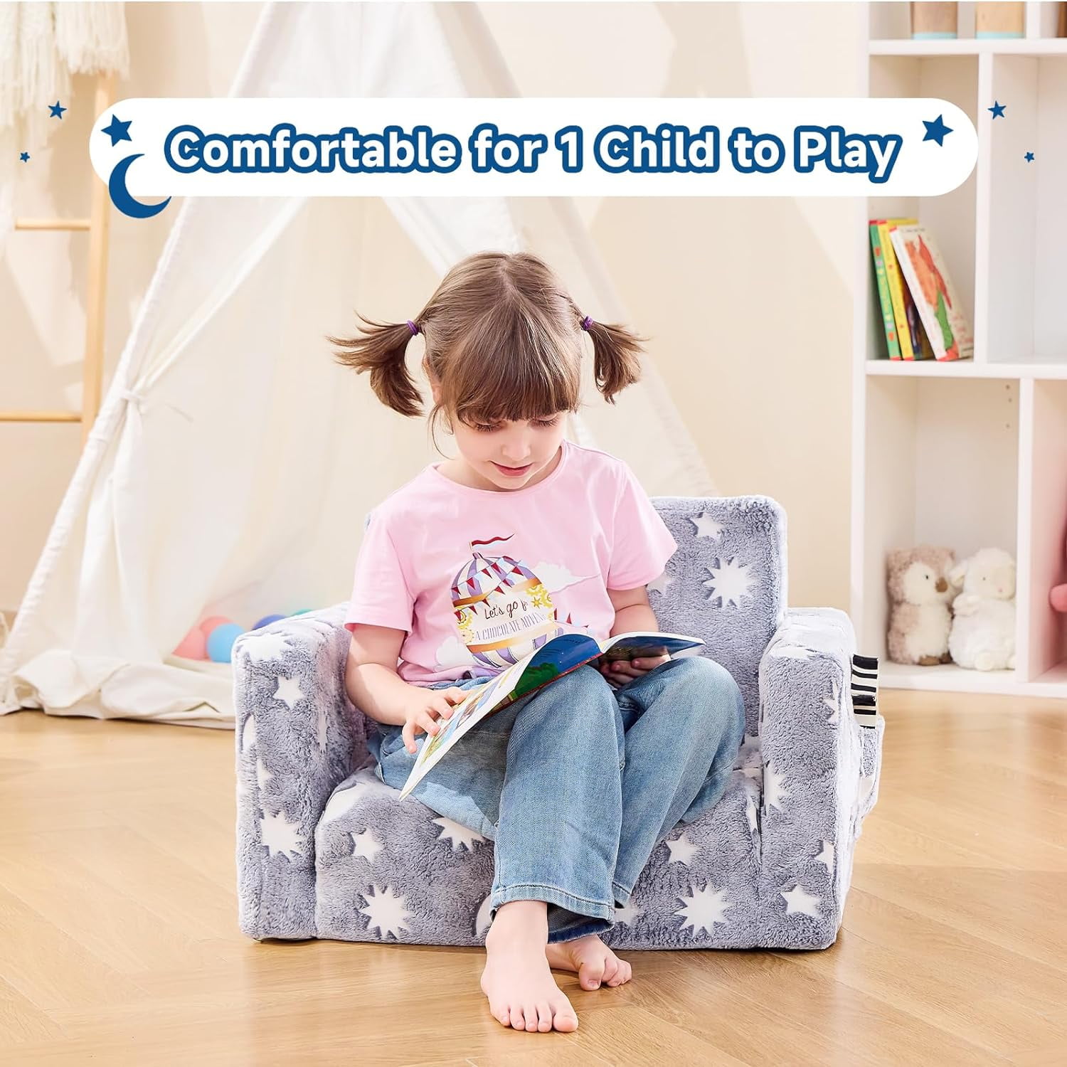Toddler Couch, Toddler Chair Folding, Kids Couch 2 in 1 Kids Sofa Glow in The Dark Couch, Gifts Sleeper for Girls Boys - Gray Sky