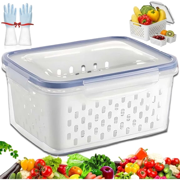 4-in-1 Fruit Storage Containers for Fridge, Transparent Plastic Food Box with Removable Drain Basket, Airtight Produce Keeper for Vegetables & Berries
