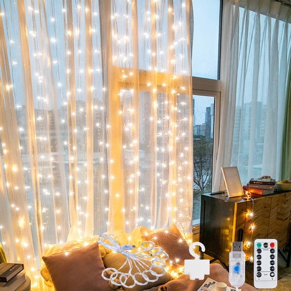 LED Curtain Fairy Lights, USB Plug-in 8 Modes Curtain Lights for Bedroom with Remote, Waterproof Backdrop Wall Hanging Dripping for Outdoor Indoor Home Garden Party Holiday (Warm, 9.85*3.3in(100LED))