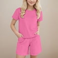 thumbnail image 2 of TOWED22 Girls Summer Outfits Casual Lounge Set Cap Sleeve T Shirt and Elastic Waist Shorts 2 Piece Clothing Sets(Hot Pink,8-9 Y), 2 of 9