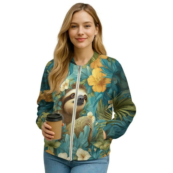 Xoenoiee Women's Windbreaker Bomber Jacket Zip Up Jacket Fall Winter Casual Coat Lightweight Women Loose Fit Outerwear with Pockets, Sloth Retro Floral, 4X-Large