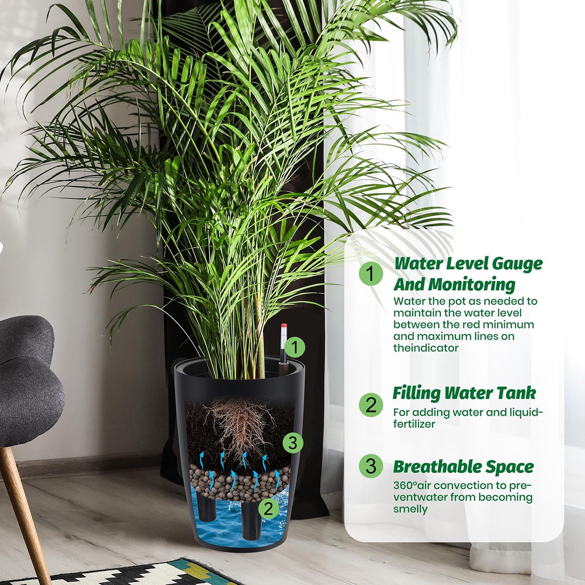 Ataucjin 16 inch Tall Planters Set of 4, Self Watering Pots for Outdoor Plants, Flower Pots with Built-in Drainage and Water Level Monitor, for Patio, Porch, Living Room, or Home Office