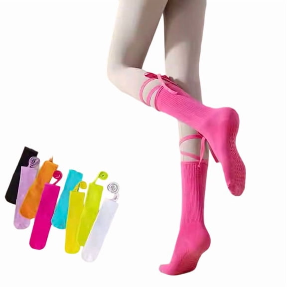 Oksale Cute Ribbon Yoga Socks for Women Non Slip Soft Cozy Knee High Dacne Socks Grips Pilates Socks for Ballet Workout Orange Free Size