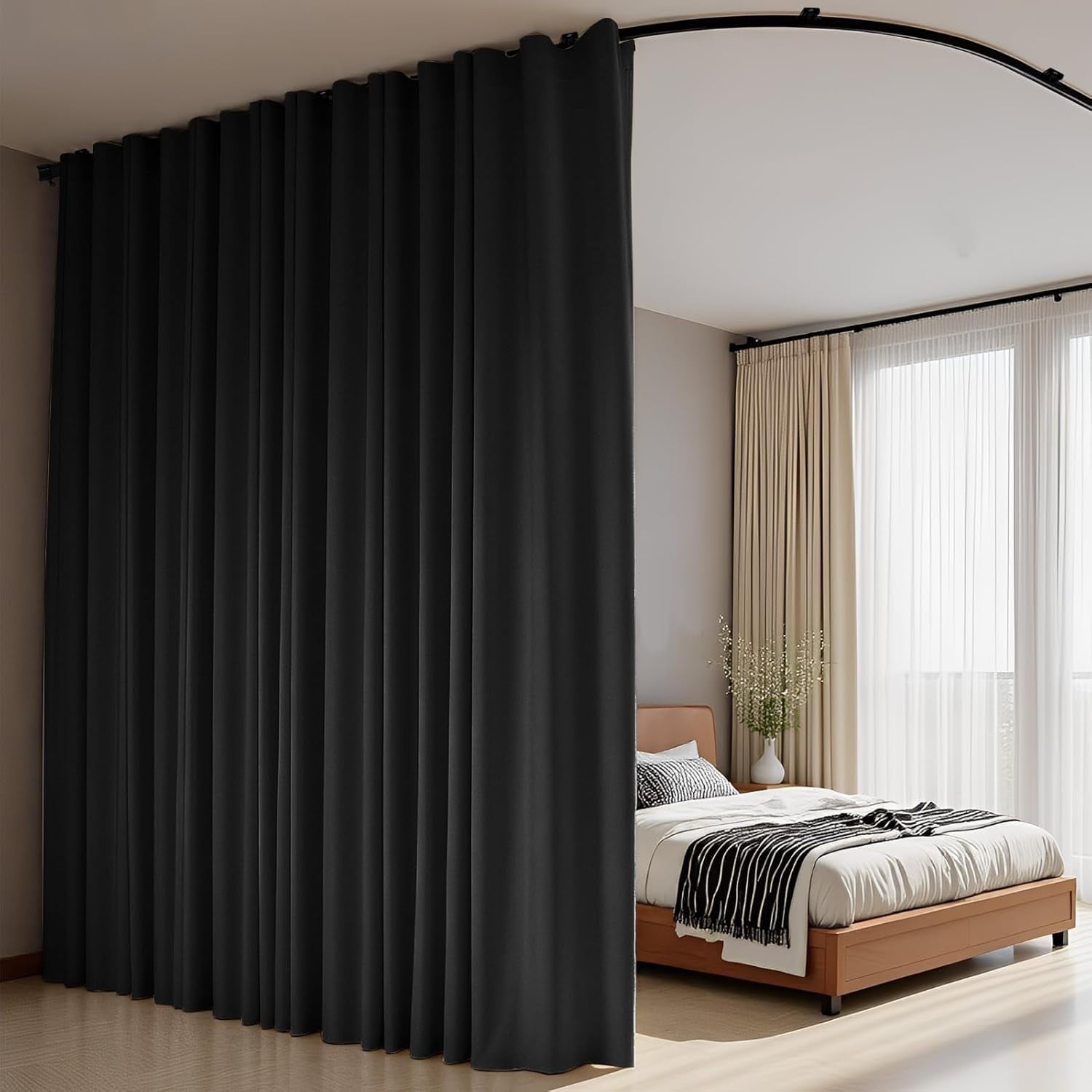 Room Divider Curtains Flexible Ceiling Tracks Set Curtain Track Ceiling Mount Blackout Curtain for Living Room Bedroom Ceiling Curtain Rod Privacy Dividers Panels W120 x H120 Black Drape & Black Rail