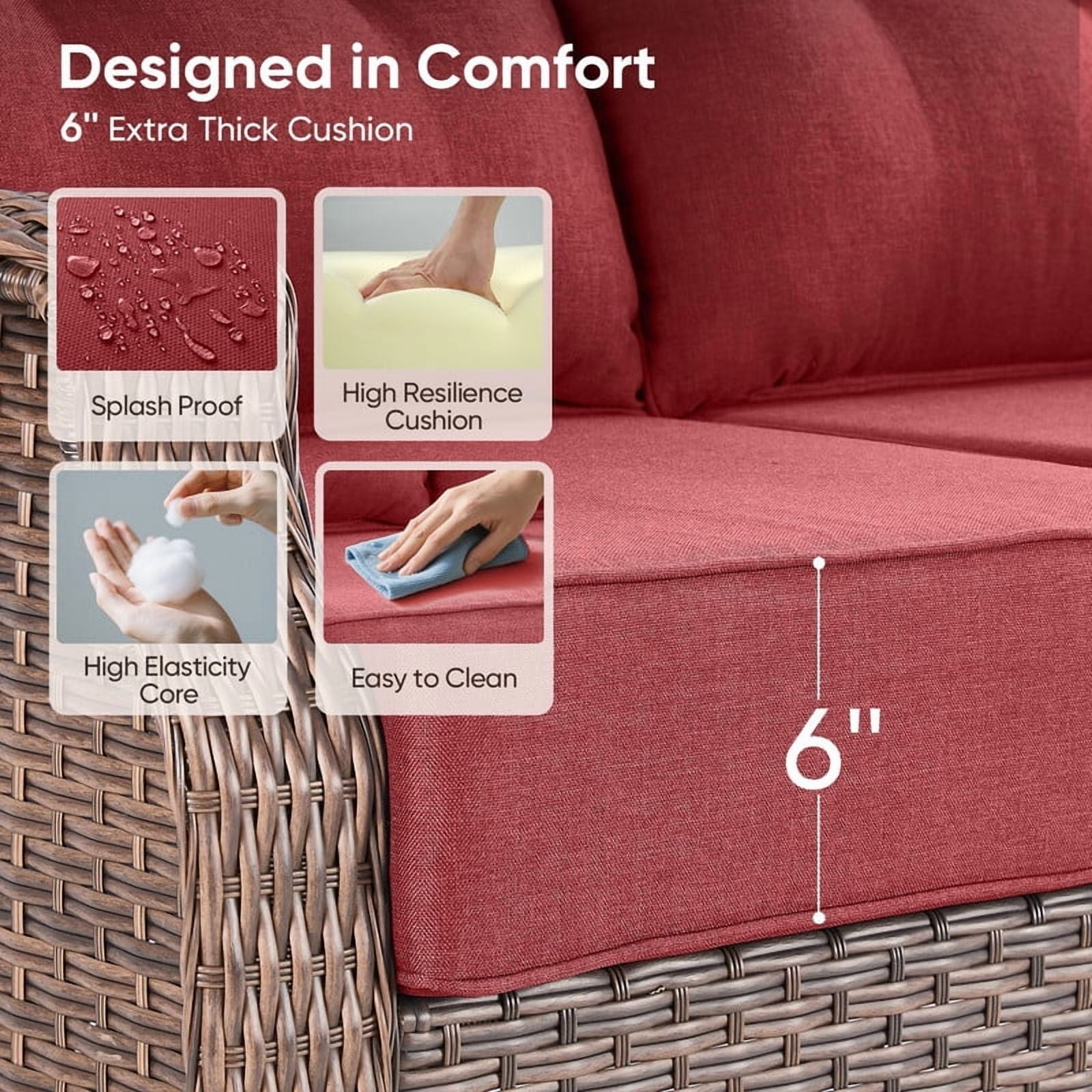 PARKWELL 5 Pieces Outdoor Patio Furniture Set with Fire Pit Table,Luxury 6" Thick Conversation Set with Swivel Glider Chairs,All-Weather Seating Furniture Set for Backyard Deck, Brown/Red